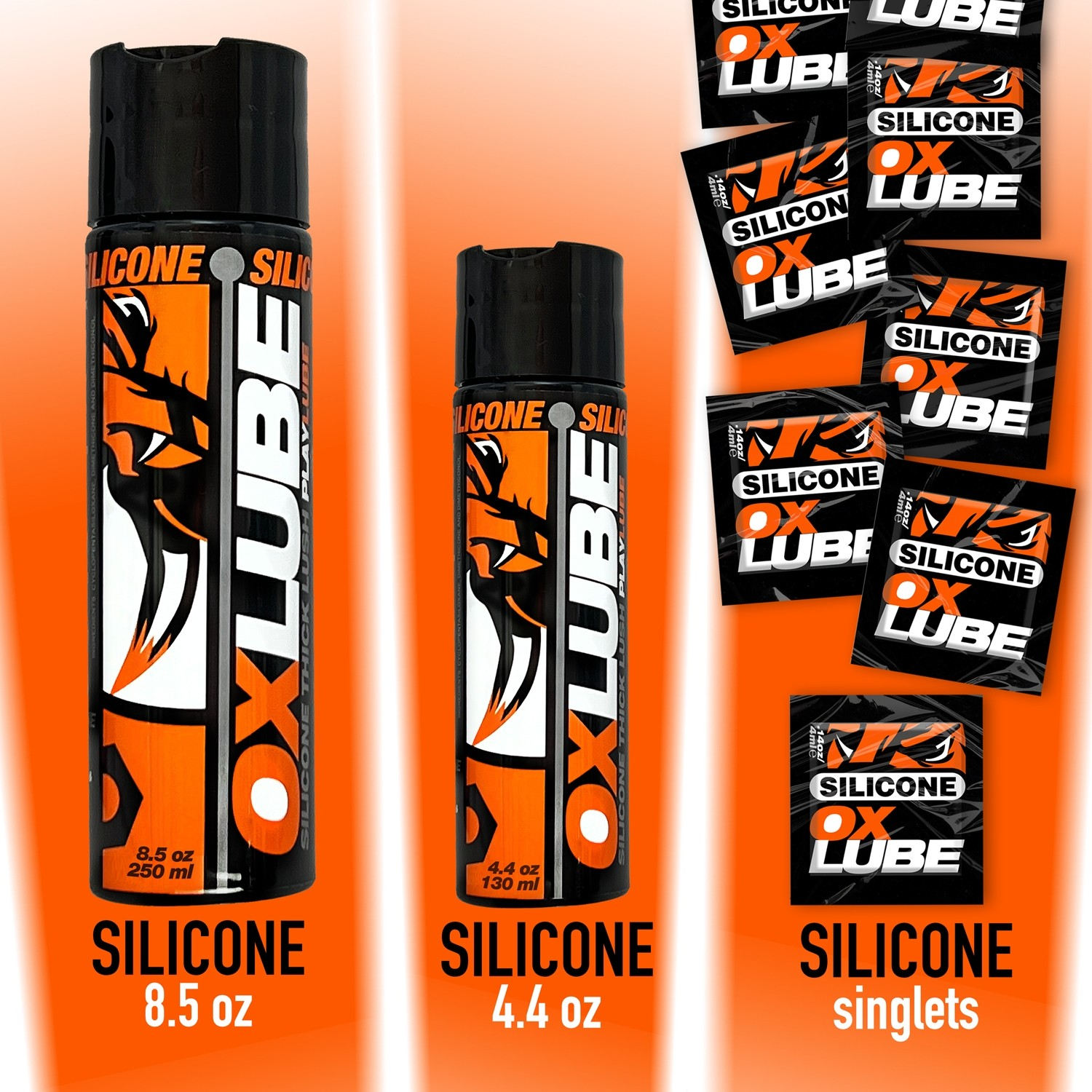 Oxballs silicone lubricant in an 8.5 oz bottle, a 4.4 oz bottle, and sample packets.