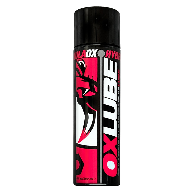 Oxballs hybrid silicone and water-based personal lubricant in a black bottle with pink and white branding.