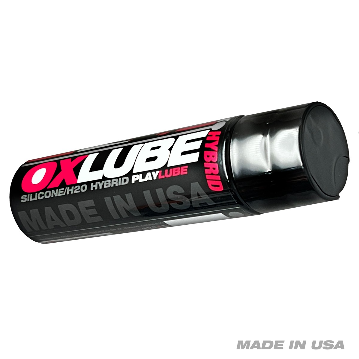 A black bottle of OxLube hybrid silicone and water-based play lube with "MADE IN USA" printed on it.
