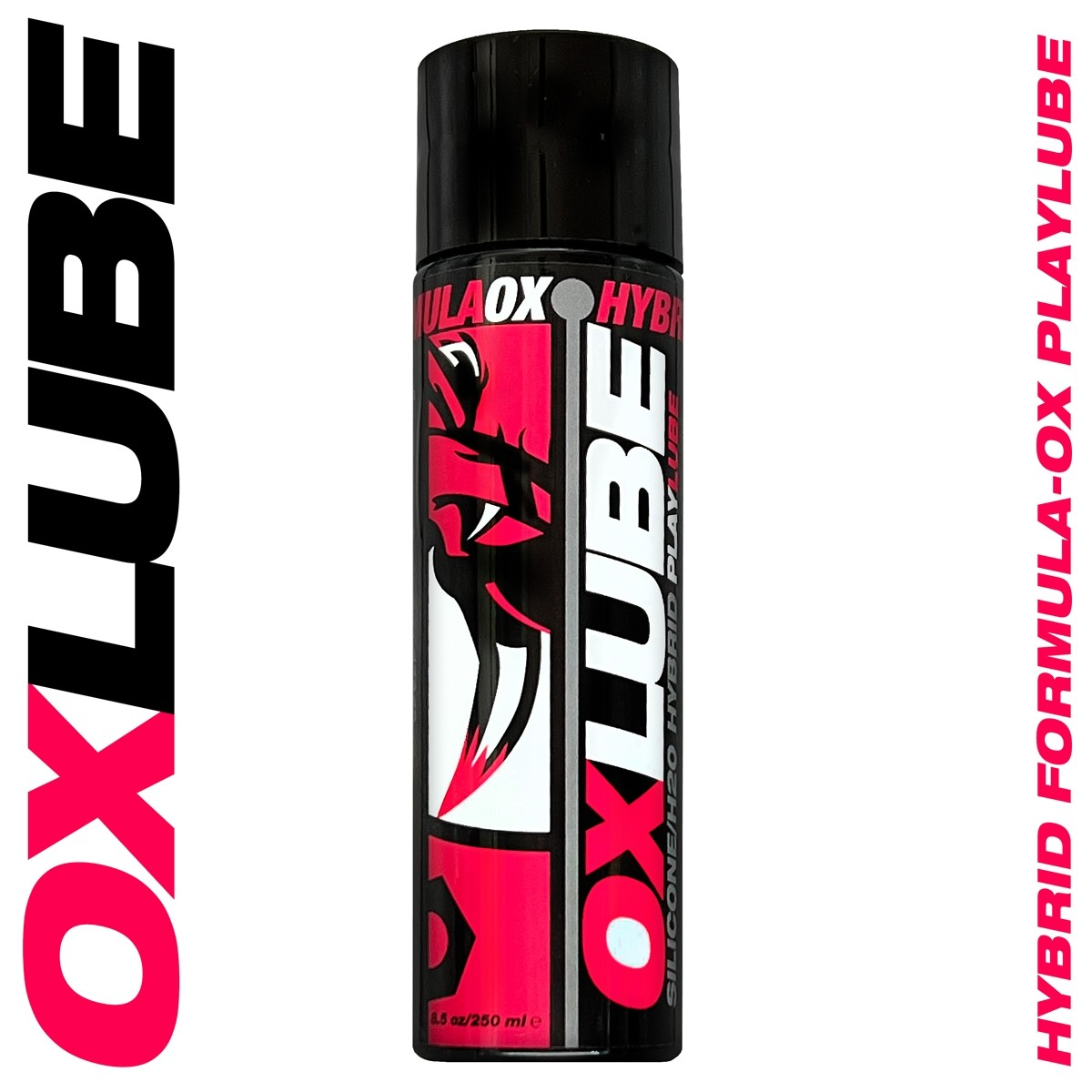 Oxballs hybrid silicone and water-based lubricant in a black bottle with pink and white branding.