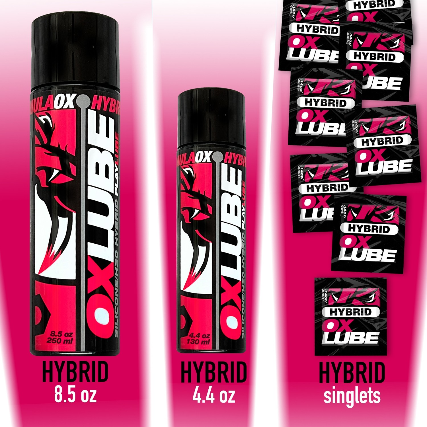 Three bottles and multiple packets of Ox Lube hybrid lubricant in pink and black packaging.