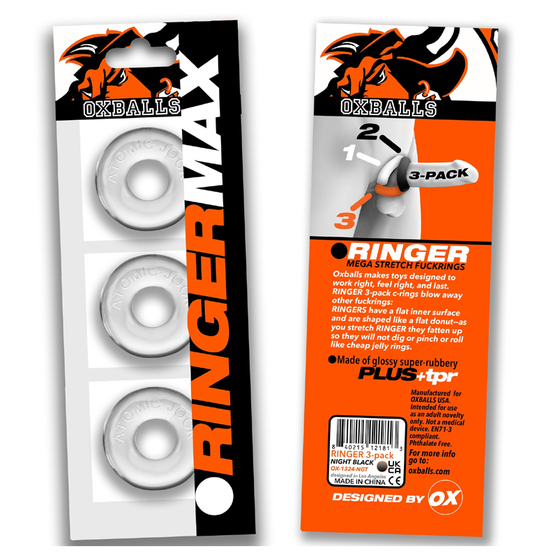 Clear Ringer Max stretchy cock rings in a 3-pack.