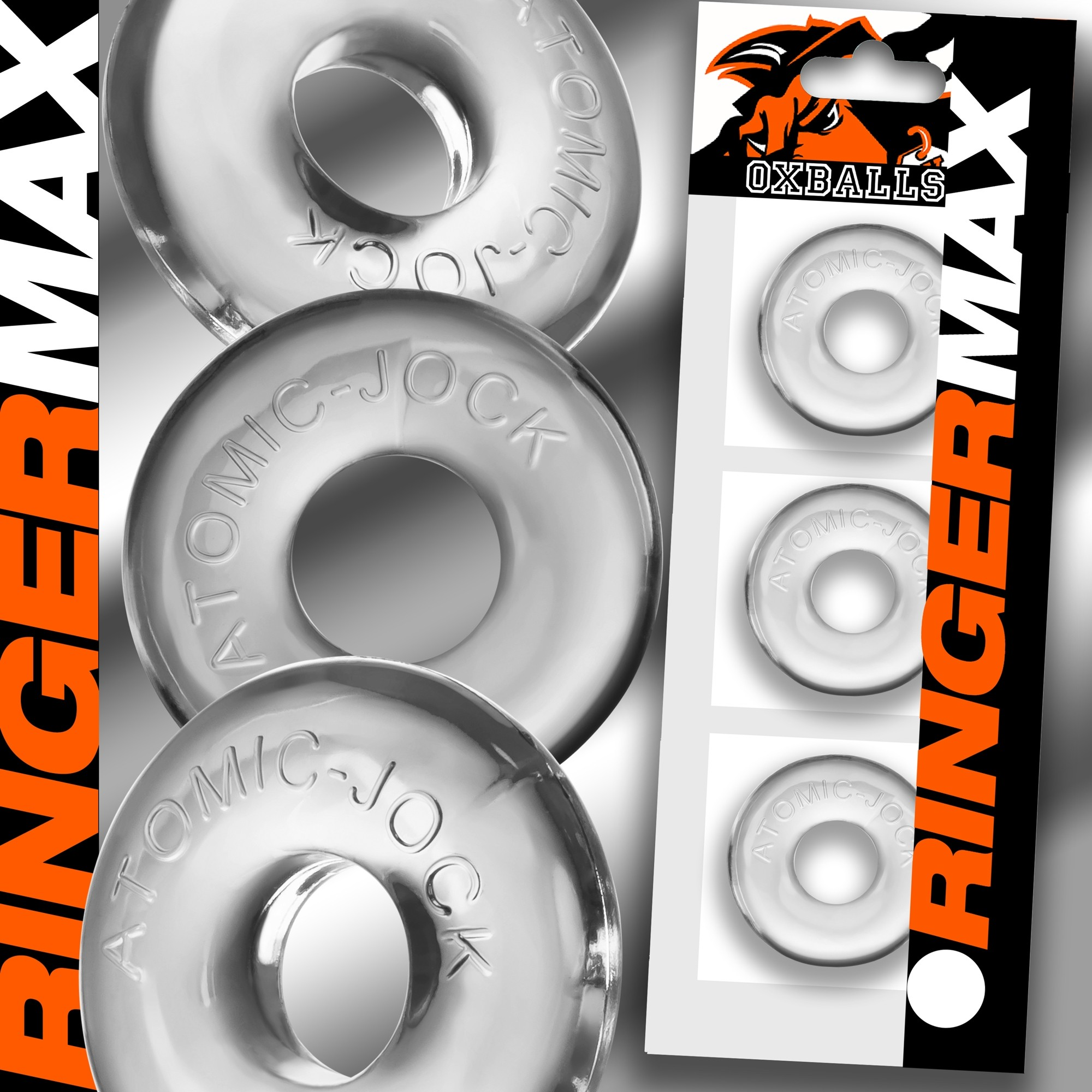Three clear Ringer Max stretchy cock rings from Oxballs.