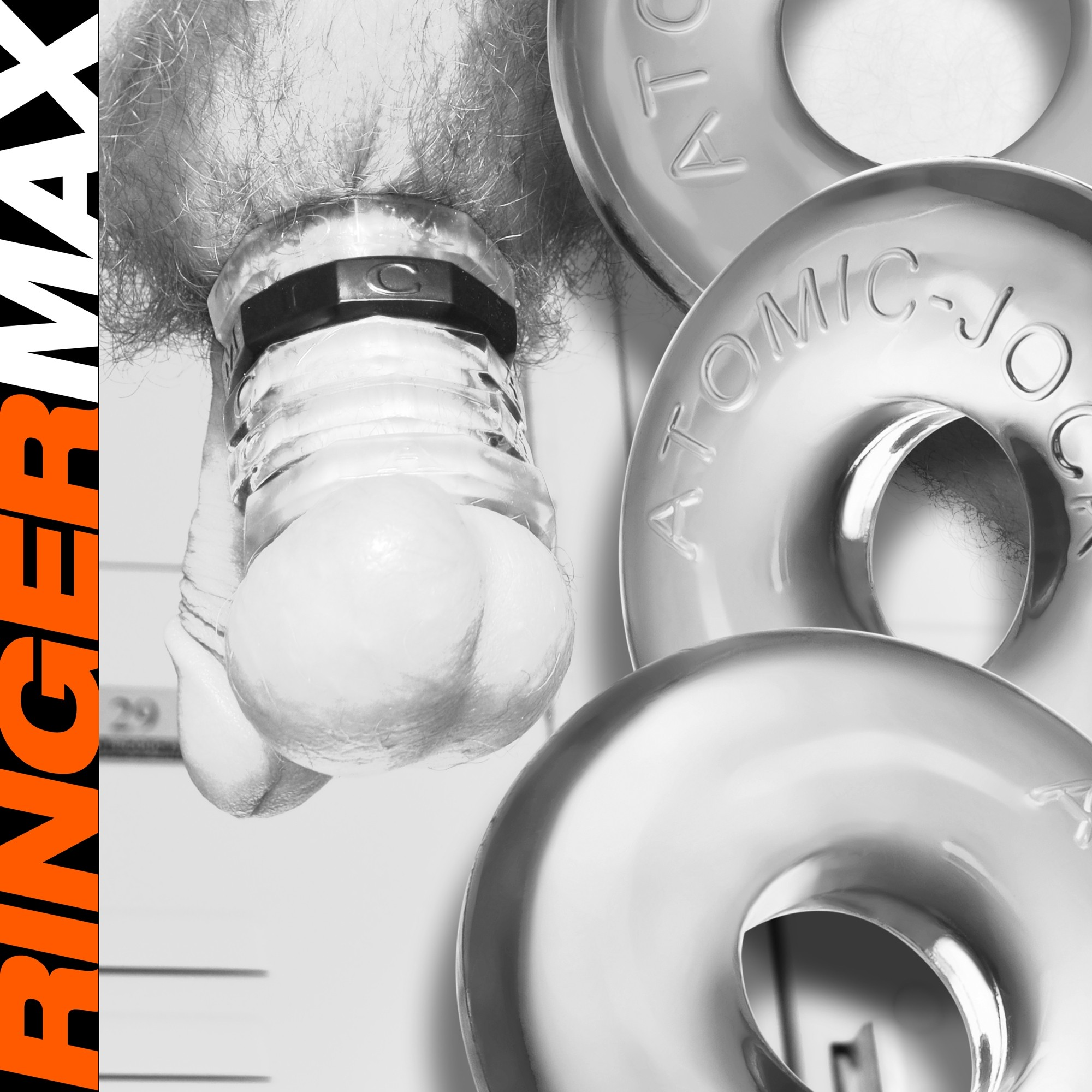 Clear Ringer Max stretchy cock rings with embossed text.