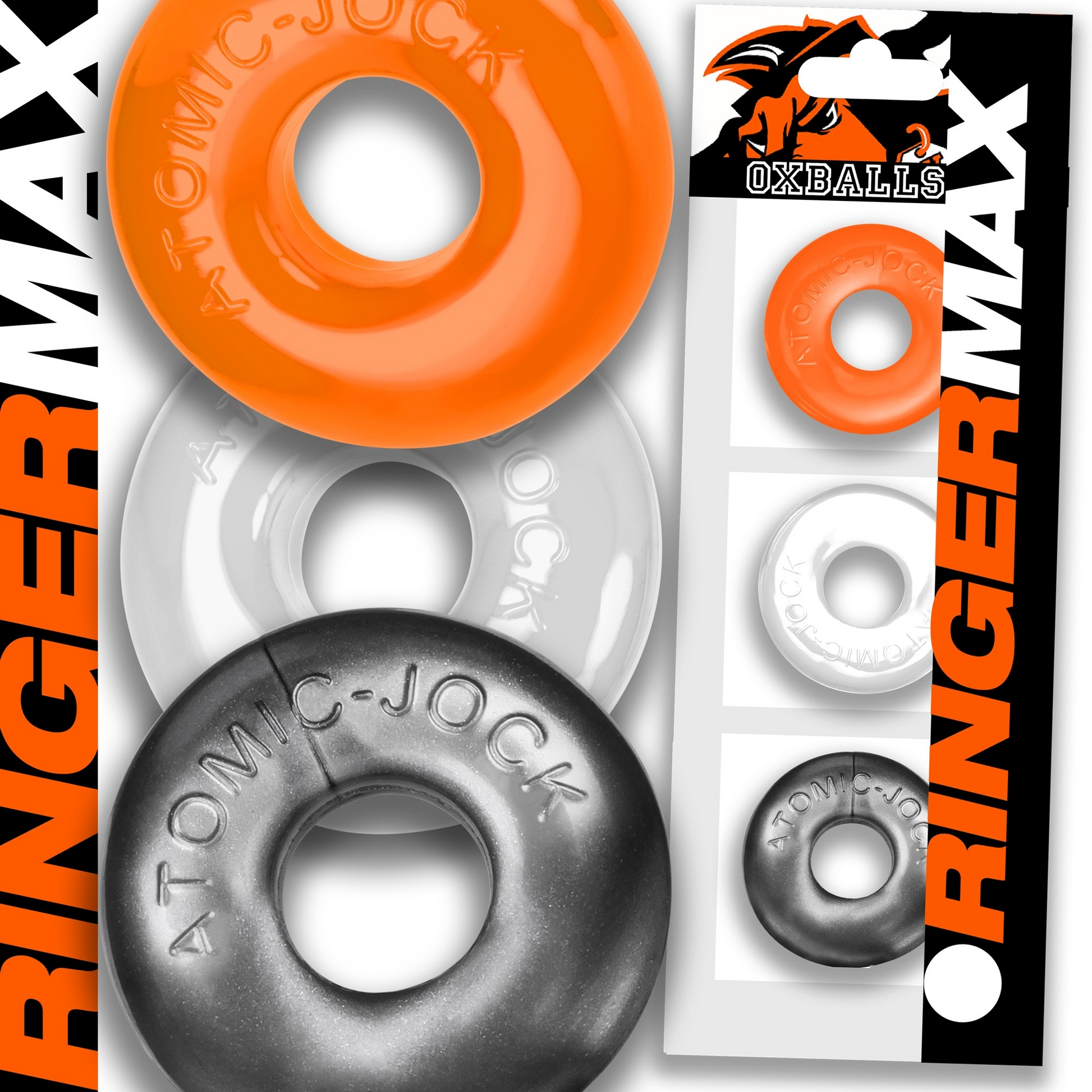 Ringer Max 3-pack stretchy cock rings in orange, white, and gray.