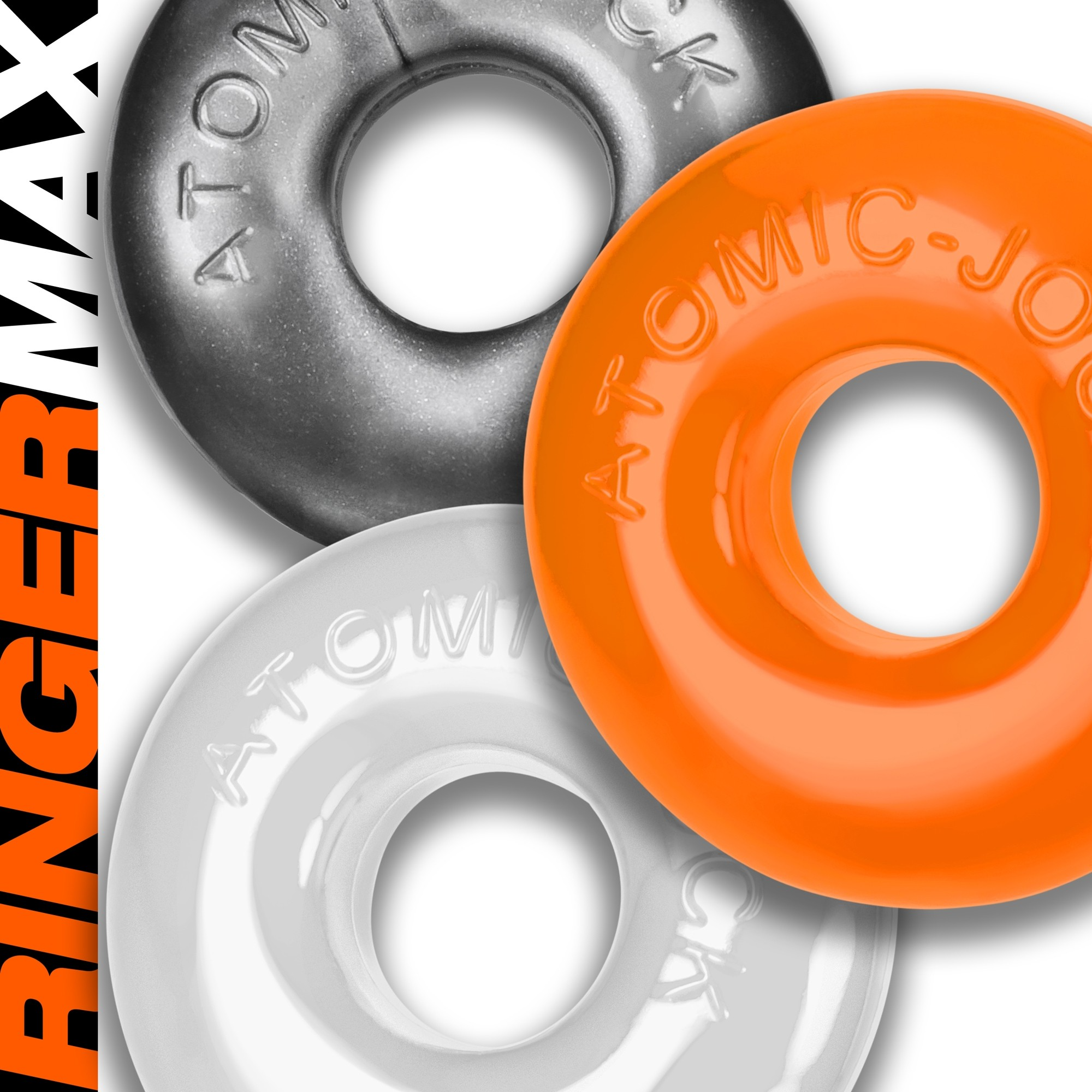 Three stretchy cock rings in gray, orange, and white.