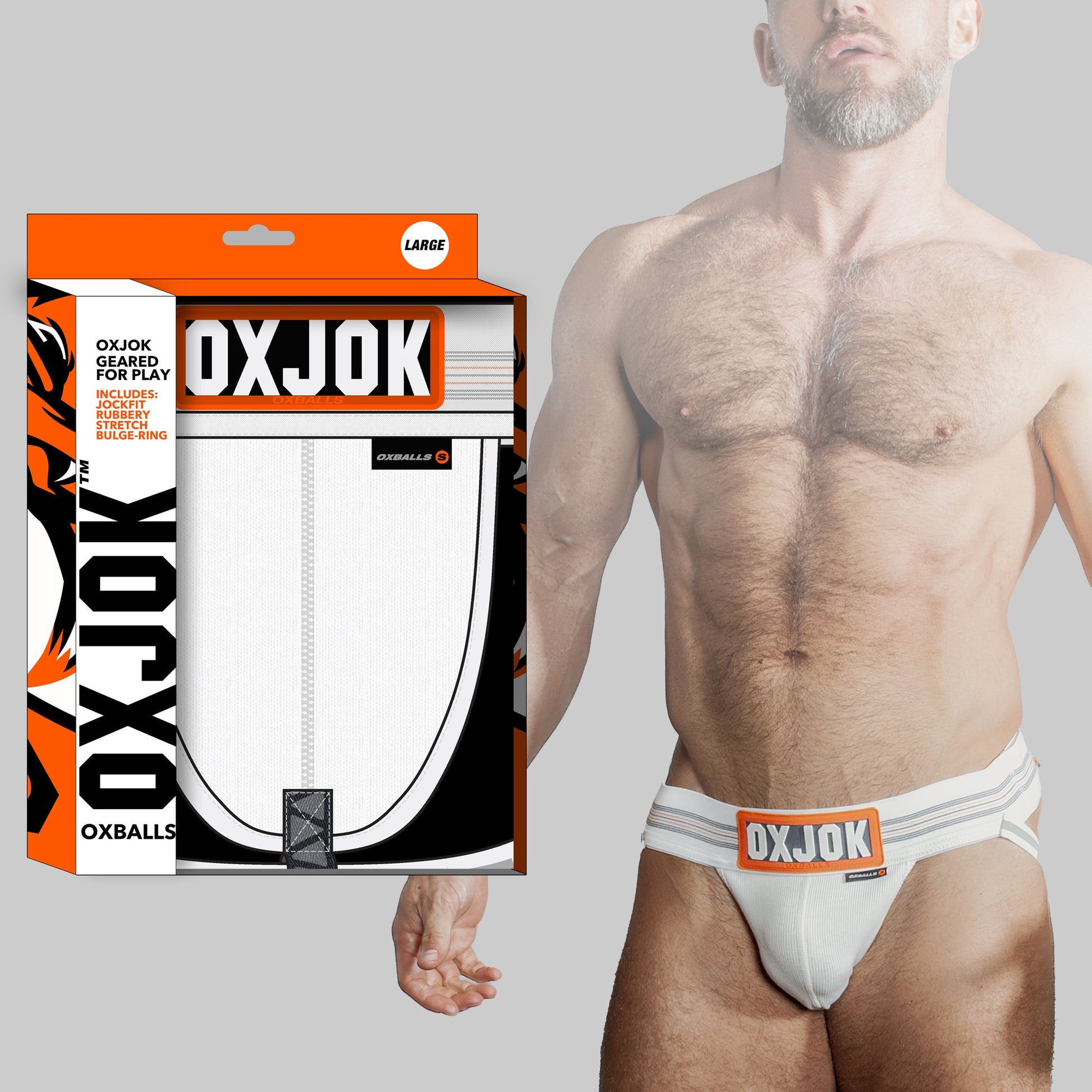White Oxballs jockstrap with a ribbed pouch and adjustable slider straps.