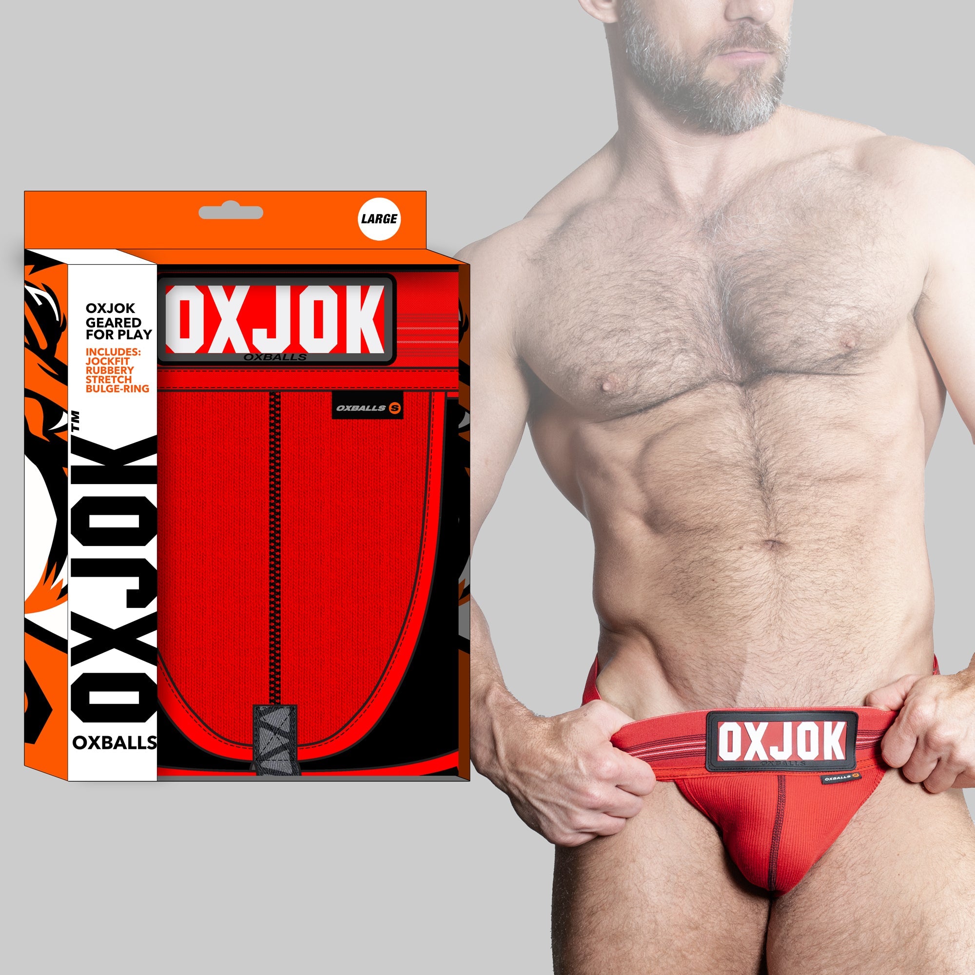Red jockstrap with "OXJOK" logo and a cockring.