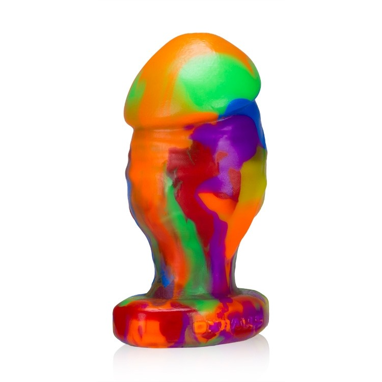 Large rainbow-colored silicone anal plug with a veiny texture.