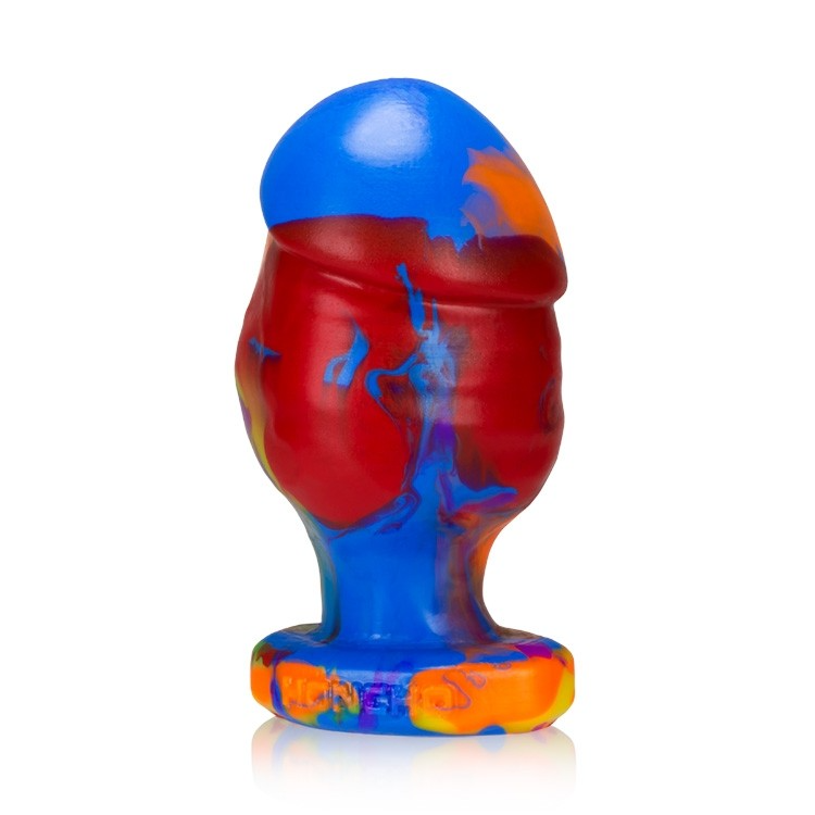 A colorful silicone anal plug with a veiny texture.