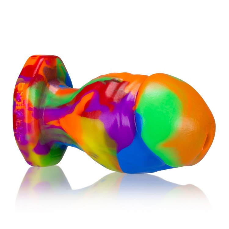 Large rainbow silicone anal plug with veiny texture.