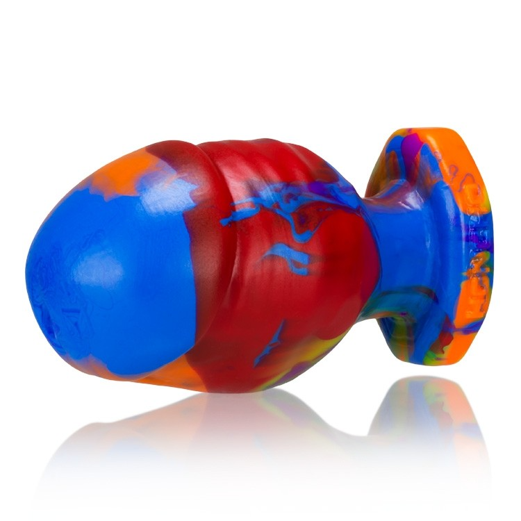 A colorful silicone anal plug with a veiny texture.