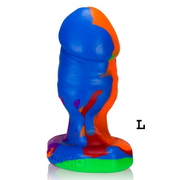 Large rainbow-colored silicone anal plug with veiny texture.