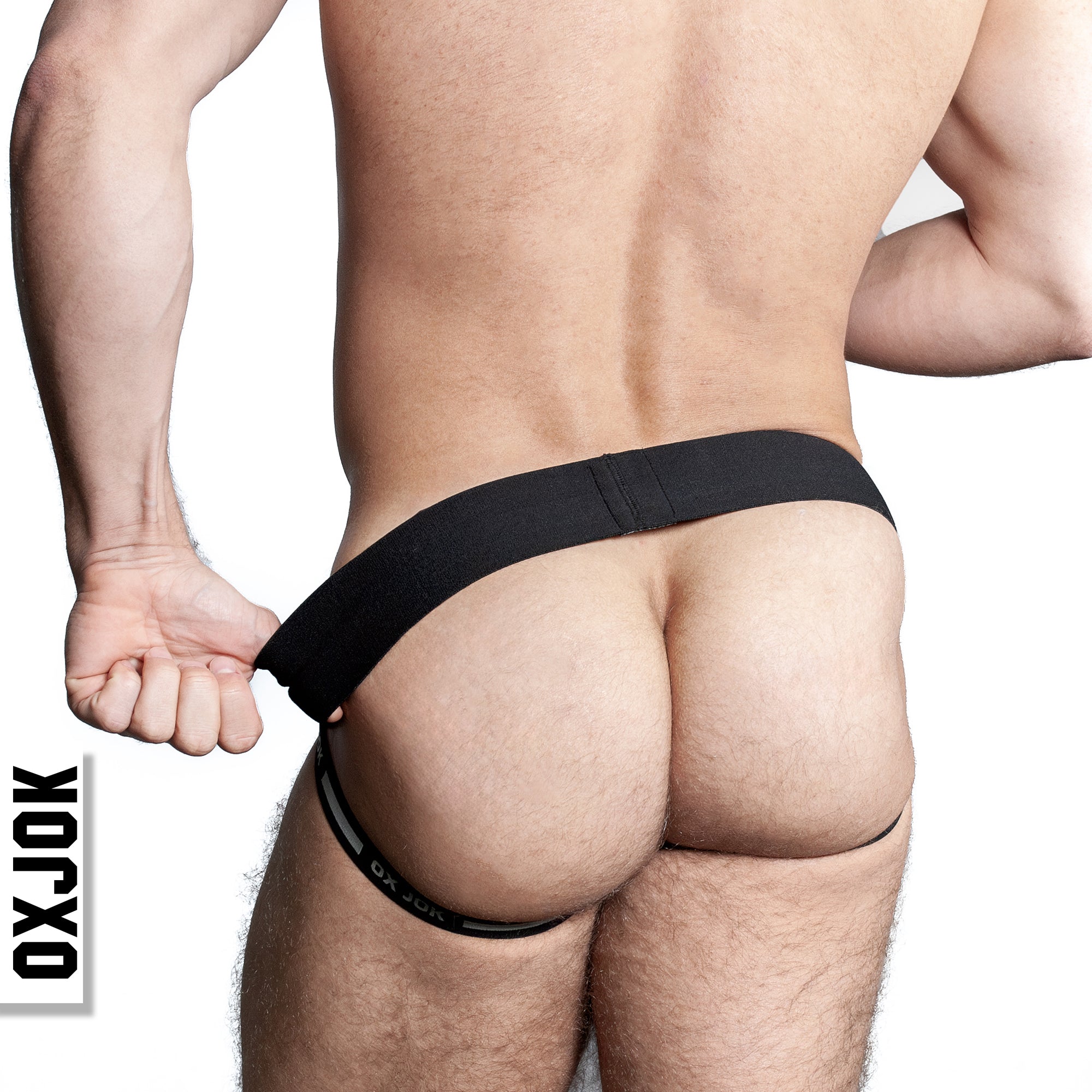 Black jockstrap with a wide waistband and a cock ring.