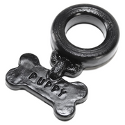 Black silicone cock ring with a bone-shaped "PUPPY" charm.