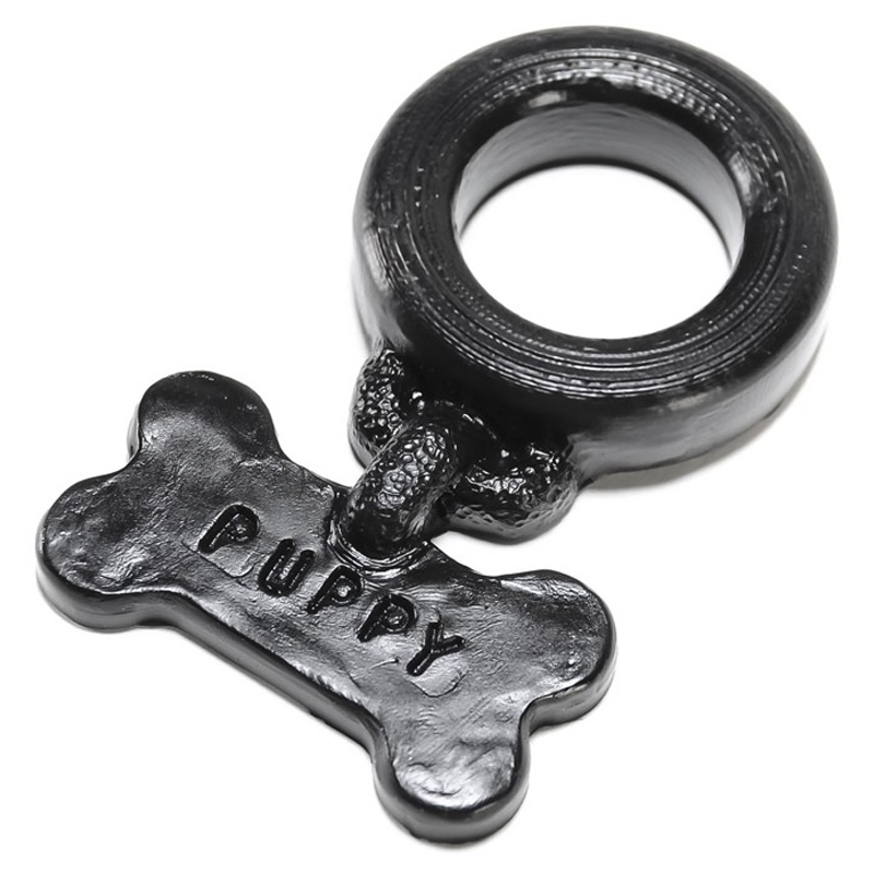 Black silicone cock ring with a bone-shaped "PUPPY" charm.