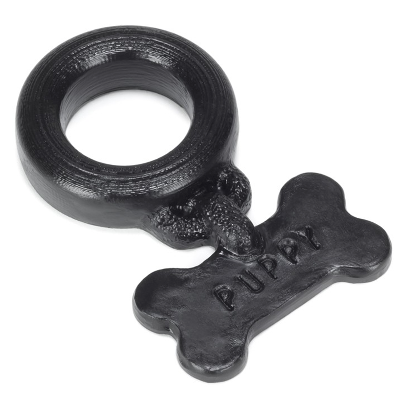 Black silicone cock ring with a bone-shaped charm that says "PUPPY".