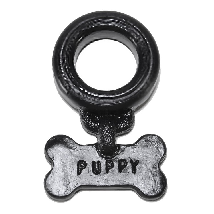 Black silicone cock ring with a bone-shaped "PUPPY" charm.