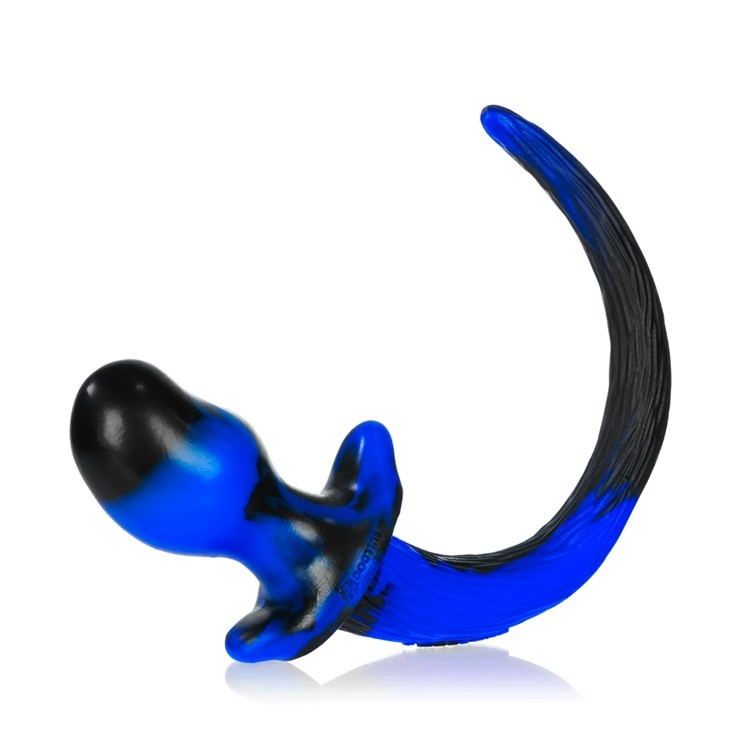 Blue and black swirl silicone puppy tail buttplug.