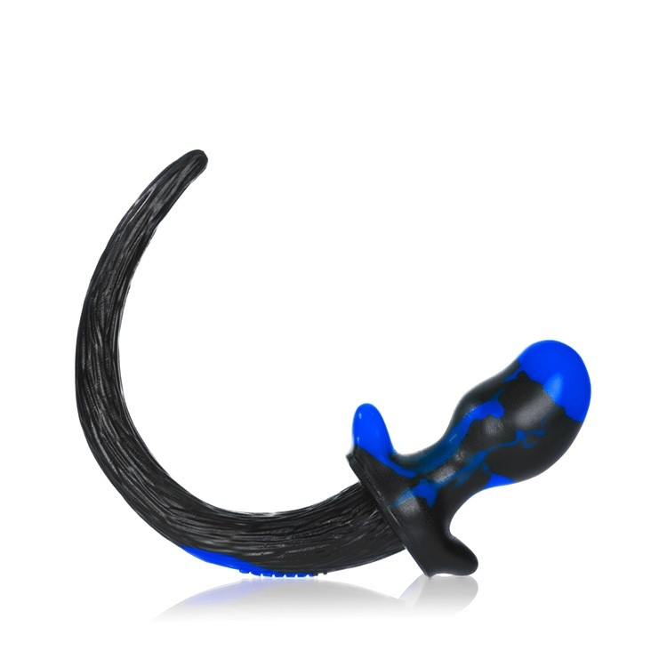 Black and blue swirl silicone puppy tail buttplug with textured tail.