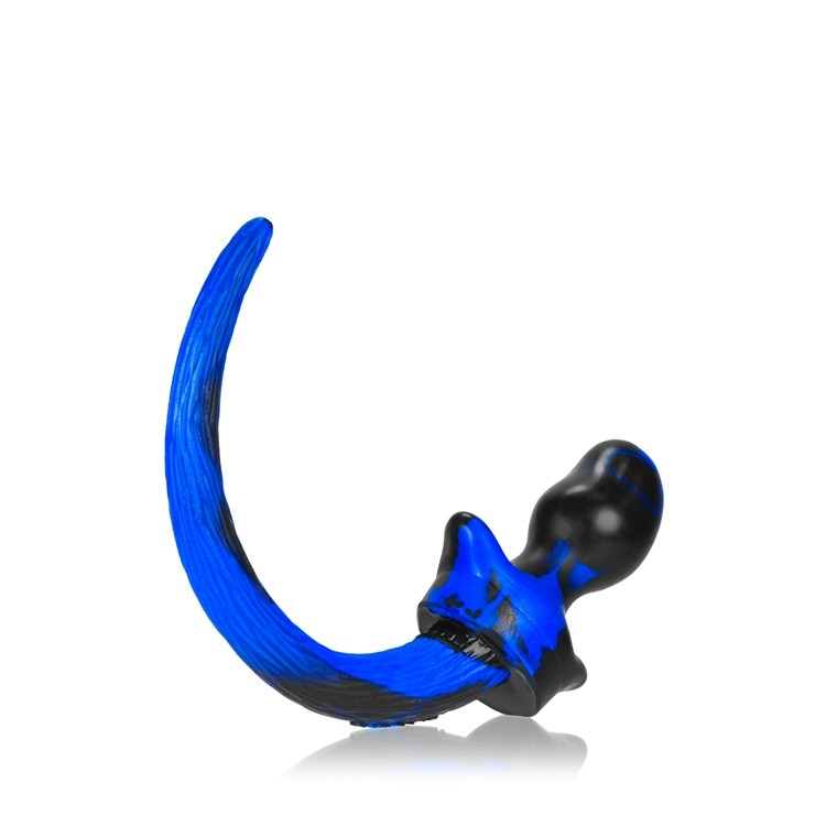 Blue and black swirled silicone puppy tail buttplug with a curved tail.