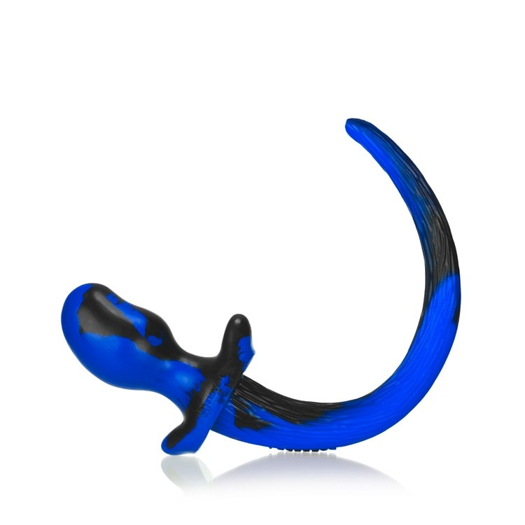 Blue and black swirled silicone puppy tail buttplug with a curved tail.