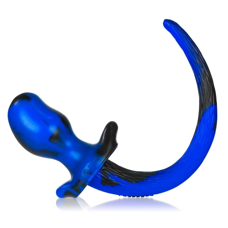 Blue and black swirled silicone puppy tail buttplug with a curved tail.