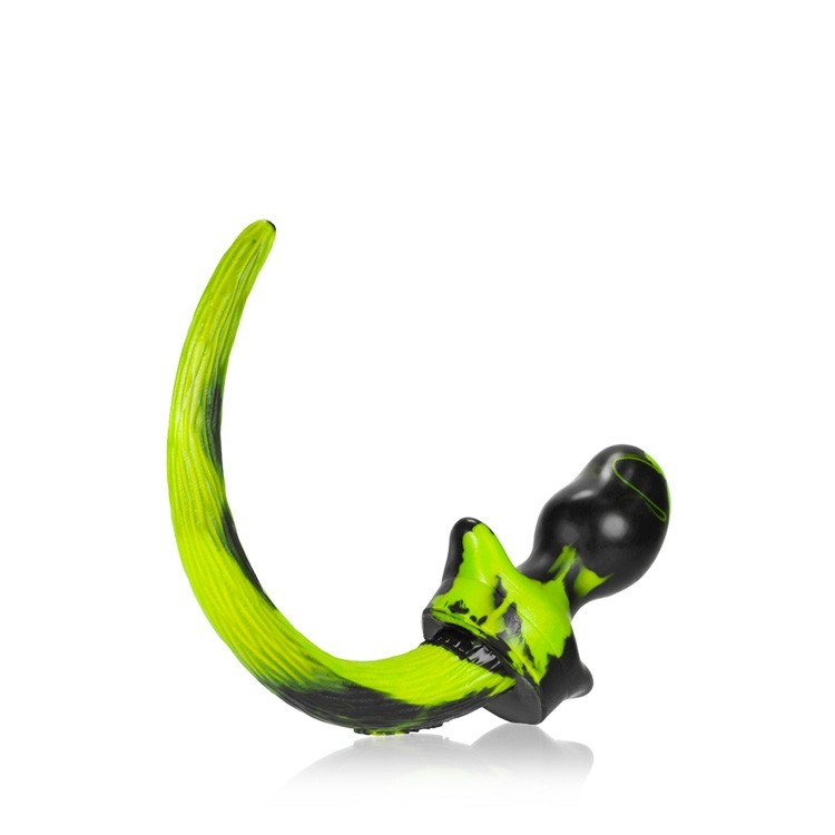 A large, acid swirl patterned silicone buttplug with a curved tail.