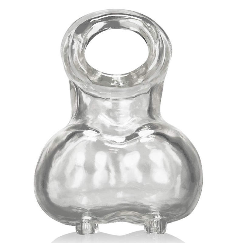 Clear stretchy cock and ball sling with a looped top and bulbous base.