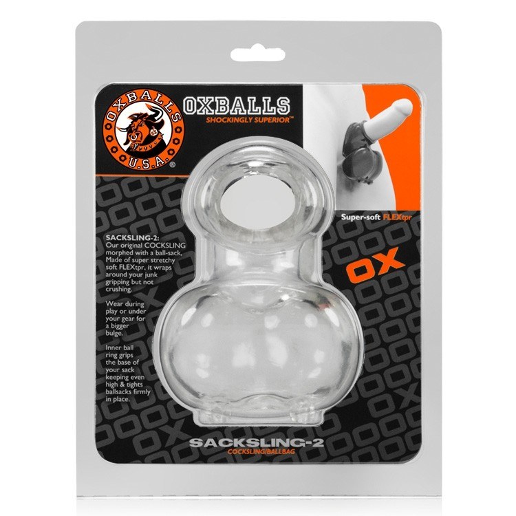 Clear stretchy ball sack and cock sling by Oxballs in packaging.