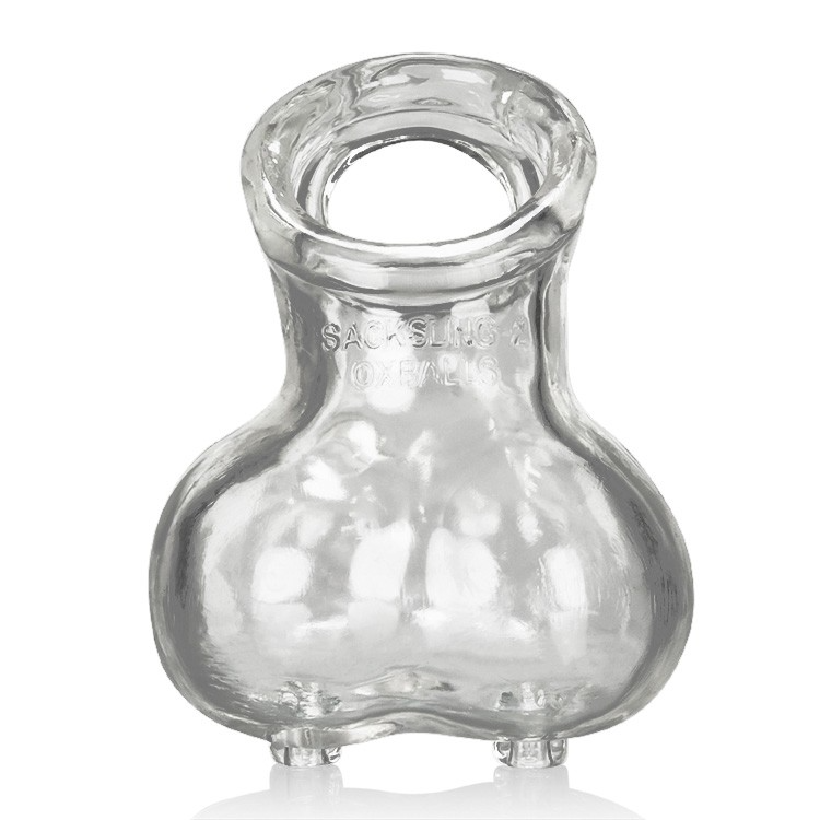 Clear glass SackSling-2 with "SACKSLING 2 OXBALLS" embossed on it.