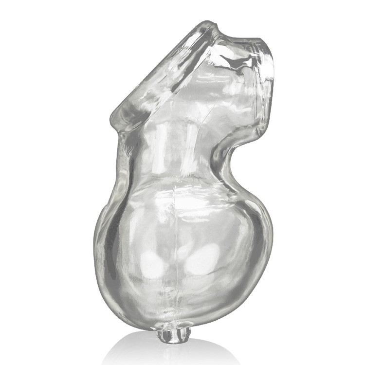 Clear, stretchy cock and ball sling with a curved design.
