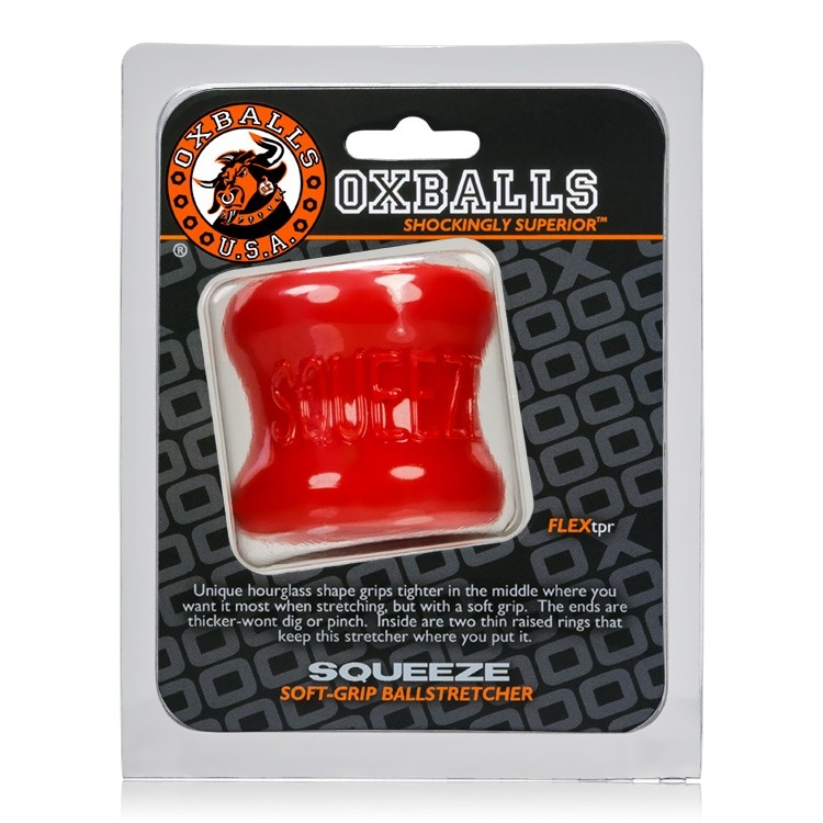 Red Oxballs Squeeze Soft FLEXtpr ball stretcher in packaging.