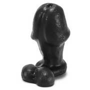Black silicone stumpy anal plug with textured surface and bulbous head.
