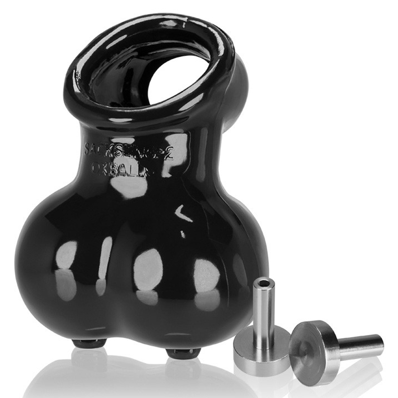 Black Sacksling-2 electro ball sack and cock sling with two metal attachments.