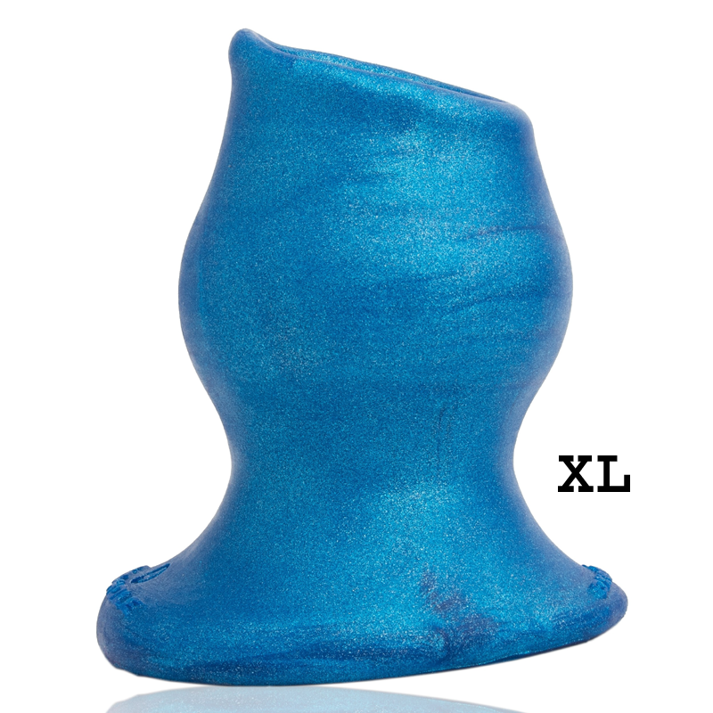 A blue, glittery, hollow silicone anal plug with an XL size indicator.