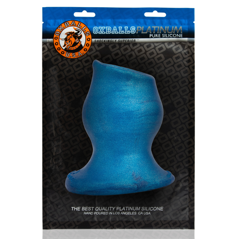 Blue Morph-4 hollow silicone anal plug with a wide base.