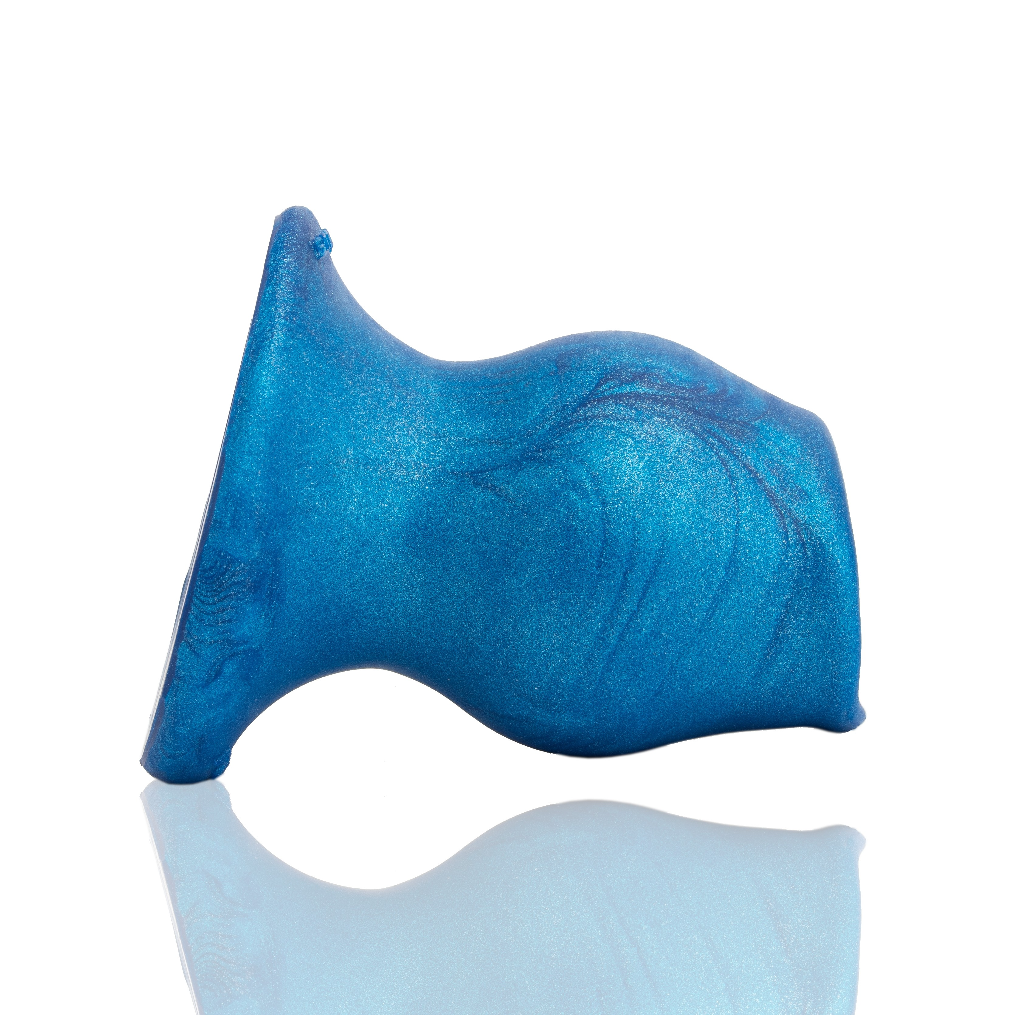 A blue, glittery, hollow silicone anal plug with a curved shape.