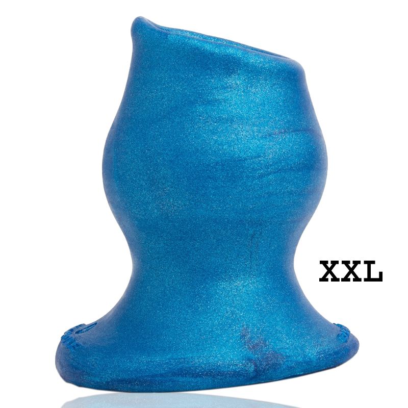 XXL blue hollow silicone anal plug with a flared base.