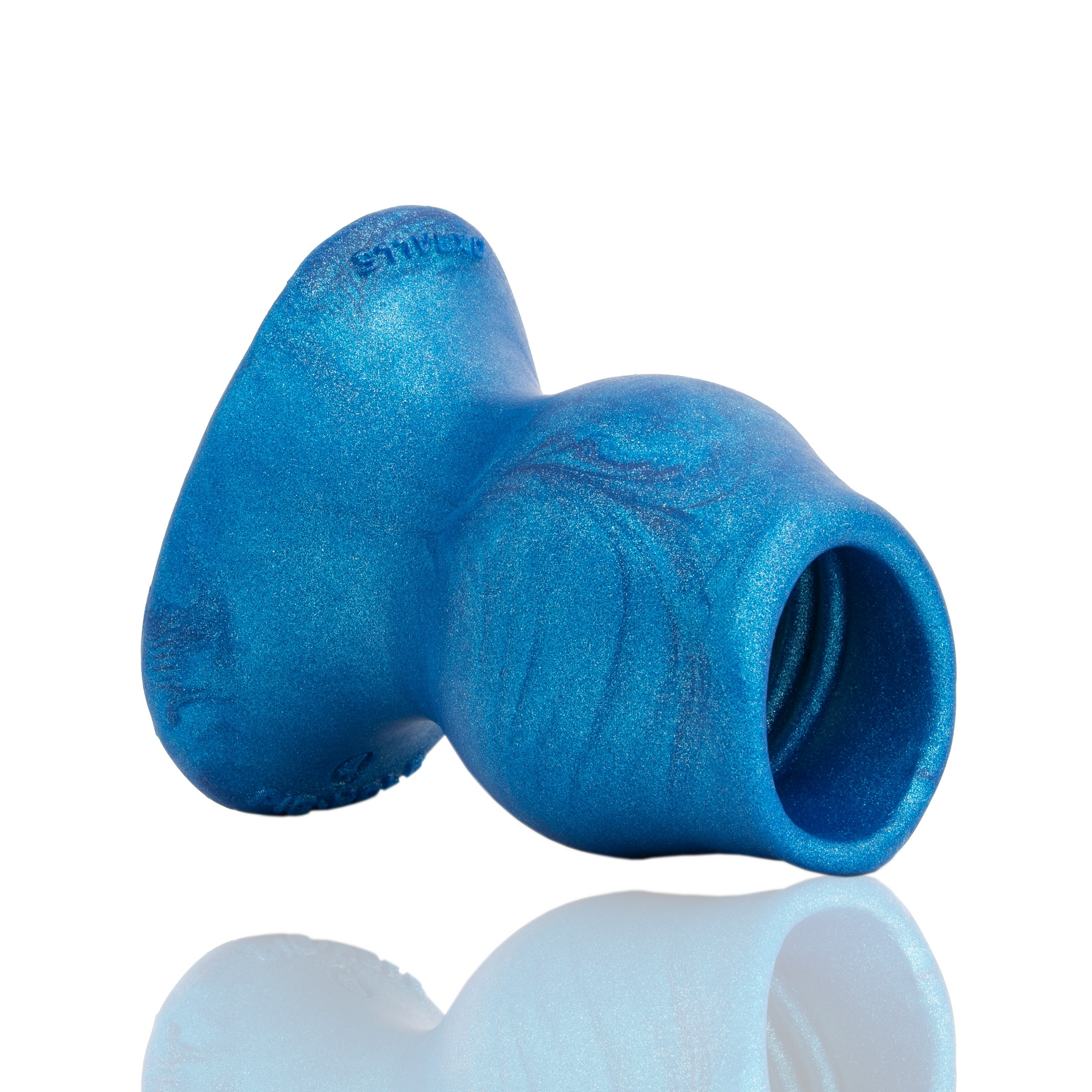 Blue hollow silicone anal plug with a shimmering finish.