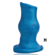 Blue metallic hollow silicone anal plug with a flared base and an angled opening.