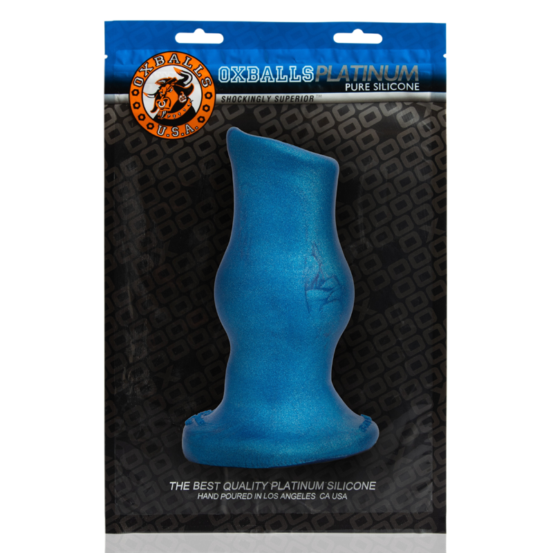 Blue metallic hollow silicone anal plug with a flared base.