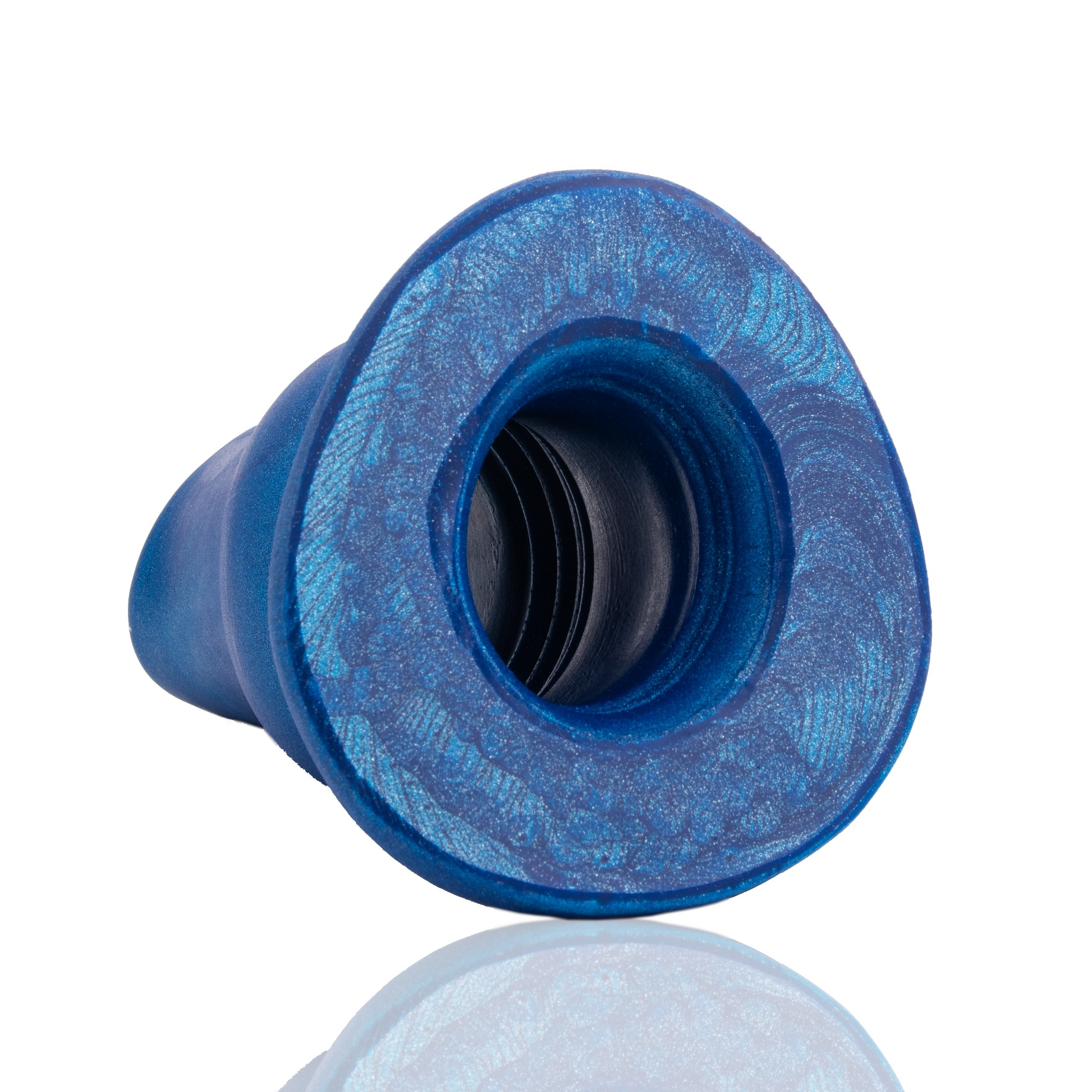 Blue metallic hollow silicone anal plug with a textured interior.