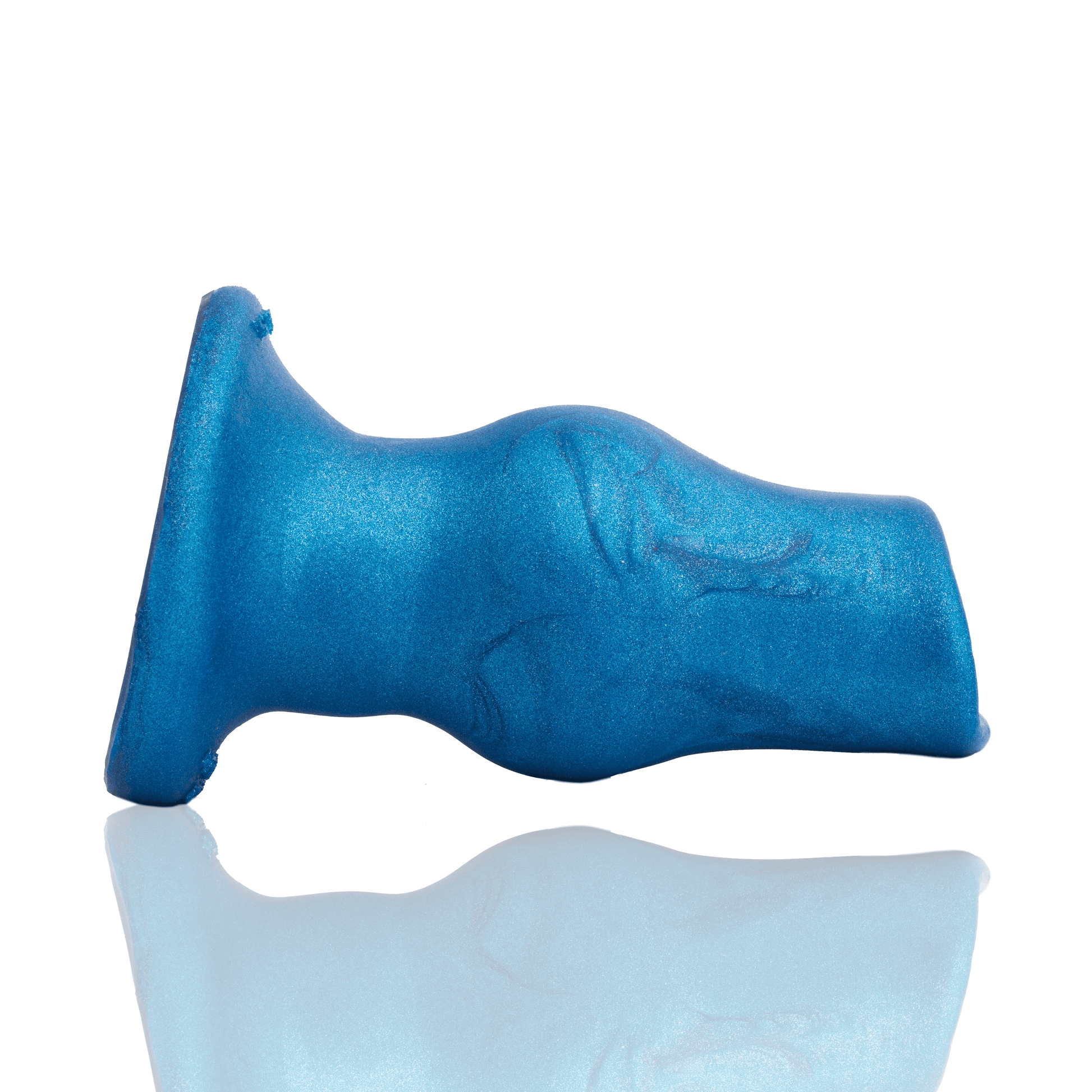 Blue metallic hollow silicone anal plug with a flared base.