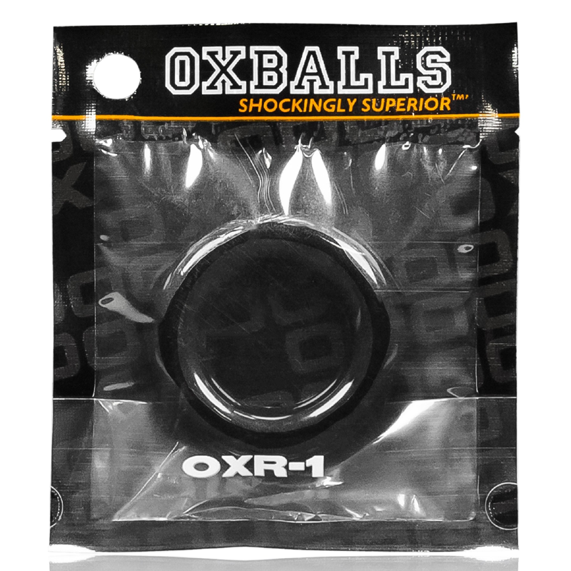 Black OXR-1 stretchy jelly cock rings in packaging.