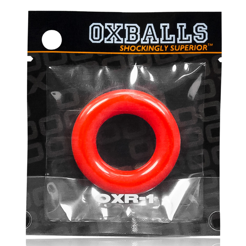 Red OXR-1 stretchy jelly cock ring in packaging.