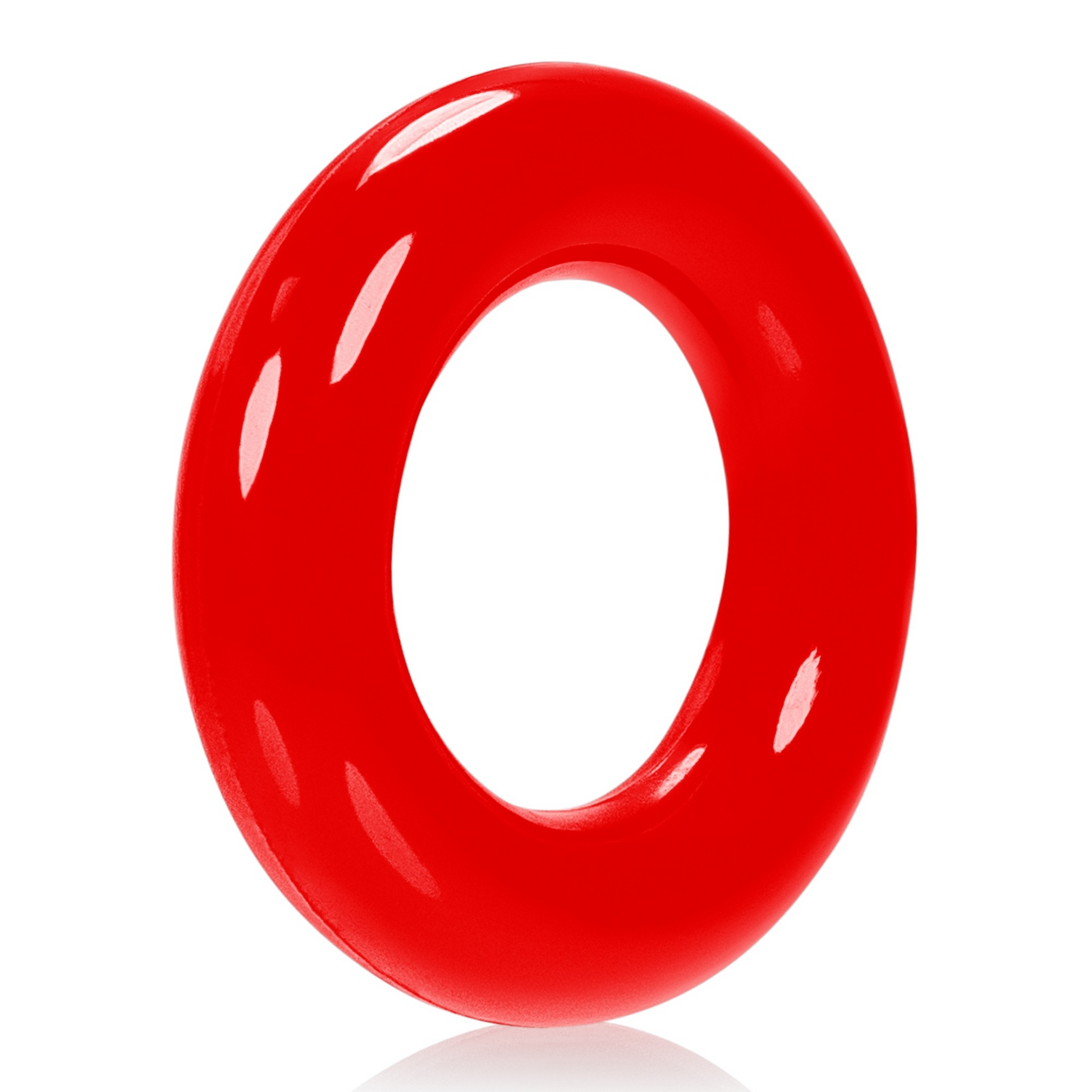 A red, stretchy jelly cock ring with a glossy finish.