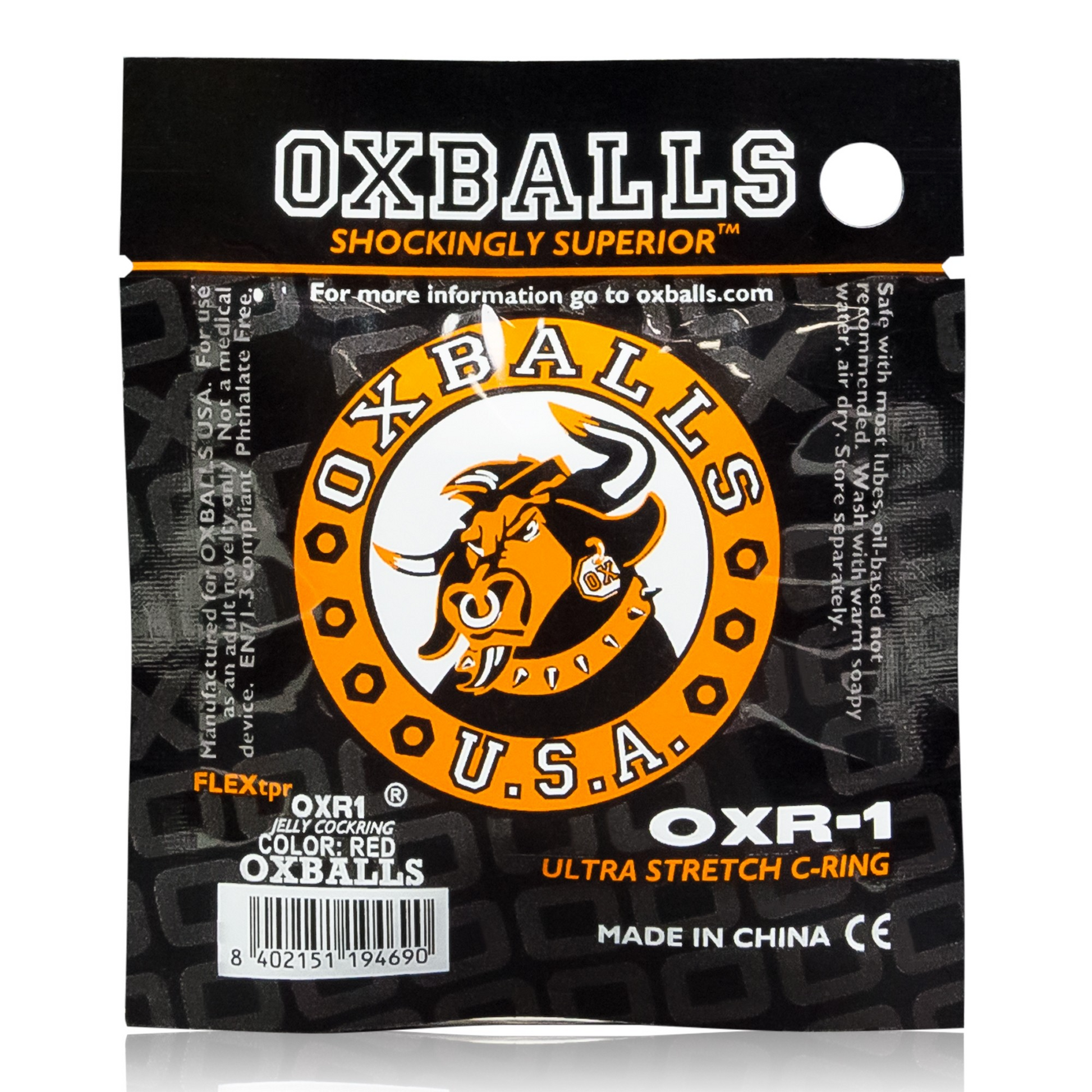 Red OXR-1 stretchy jelly cock ring with a bull logo.