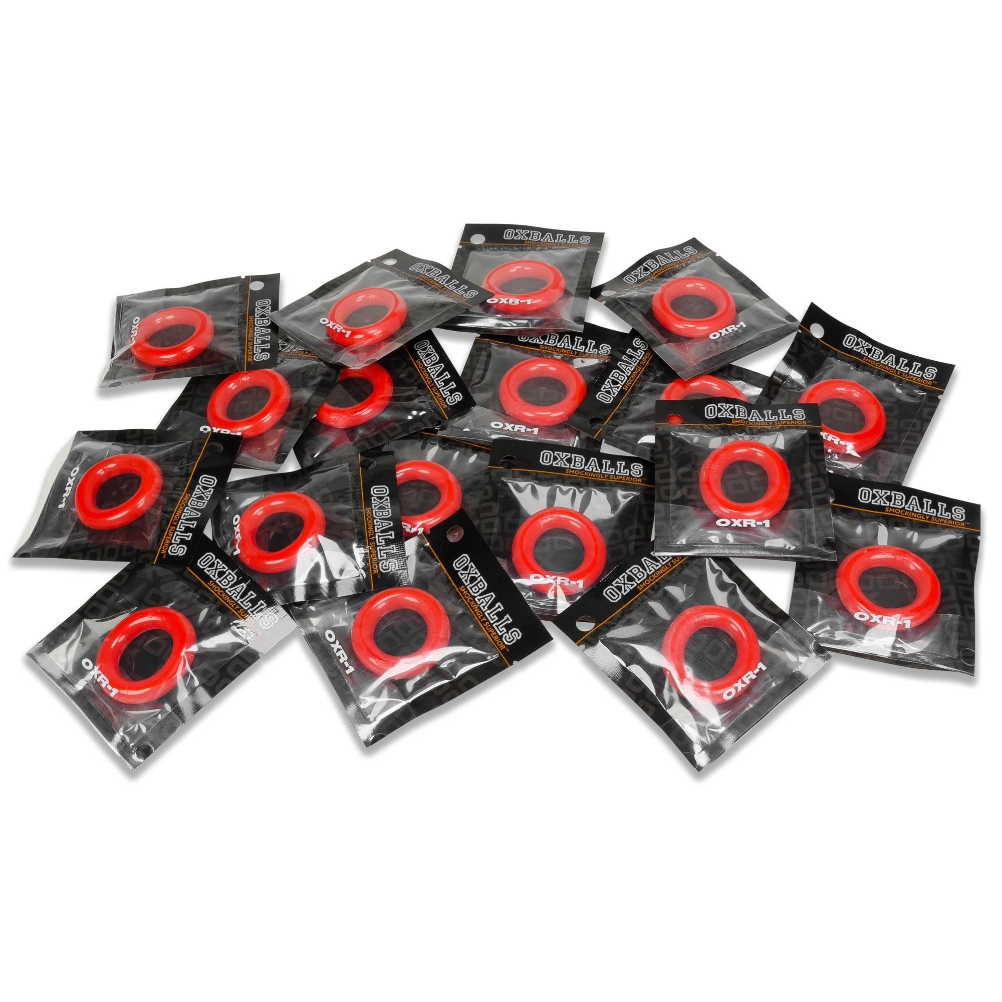 A 20-pack of red, stretchy jelly cock rings labeled OXR-1.