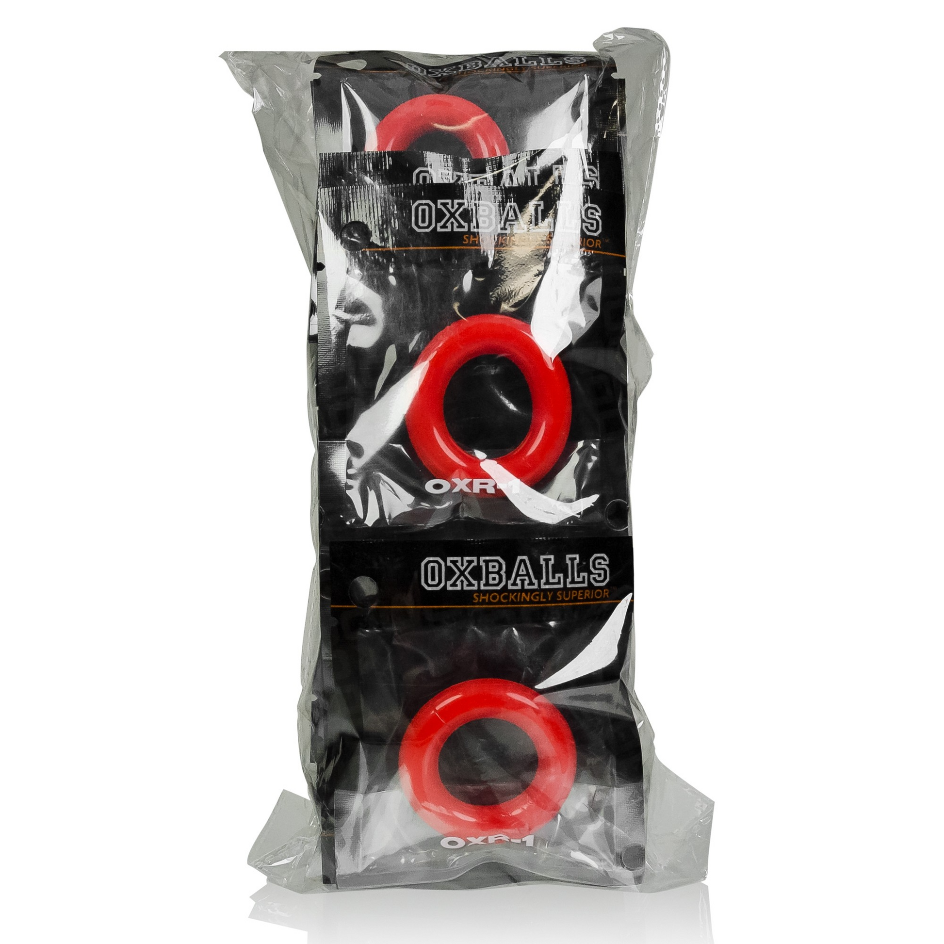 A 20-pack of red stretchy jelly cock rings in packaging.